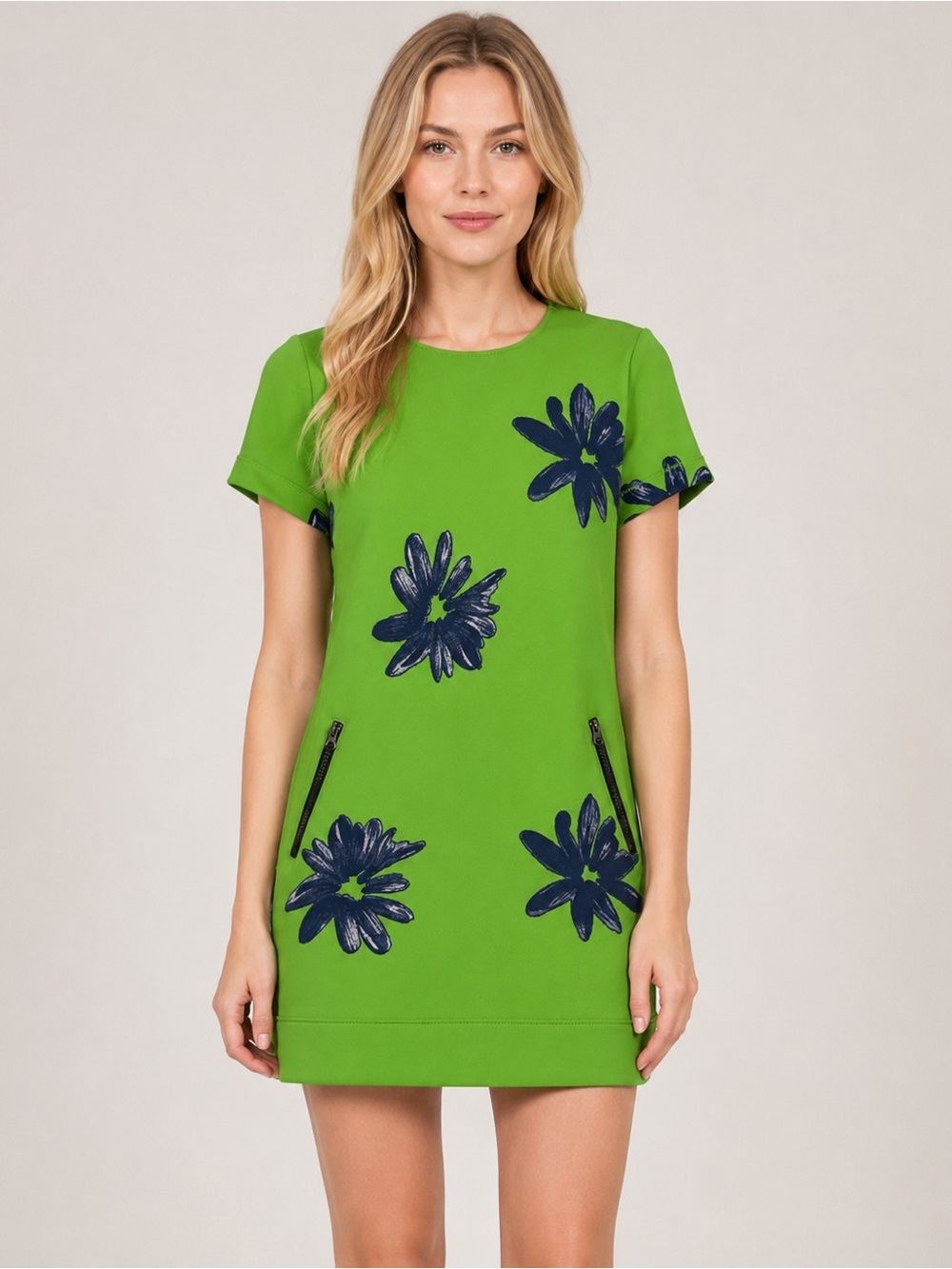 Essentiel Antwerp Green Navy Floral Shift Dress Zip Pockets Size 38 6081